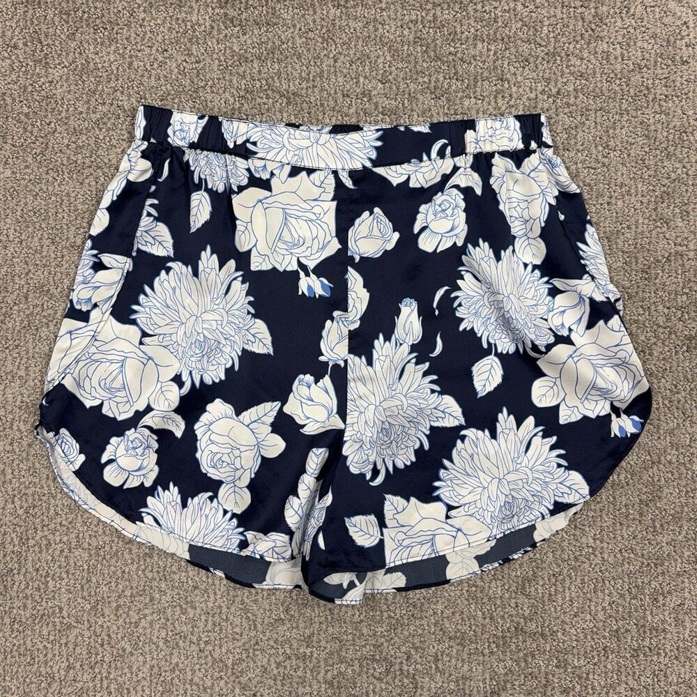 Petite Plume Sleep Shorts Womens Large Blue Silk Floral Print Pajama Lounge
